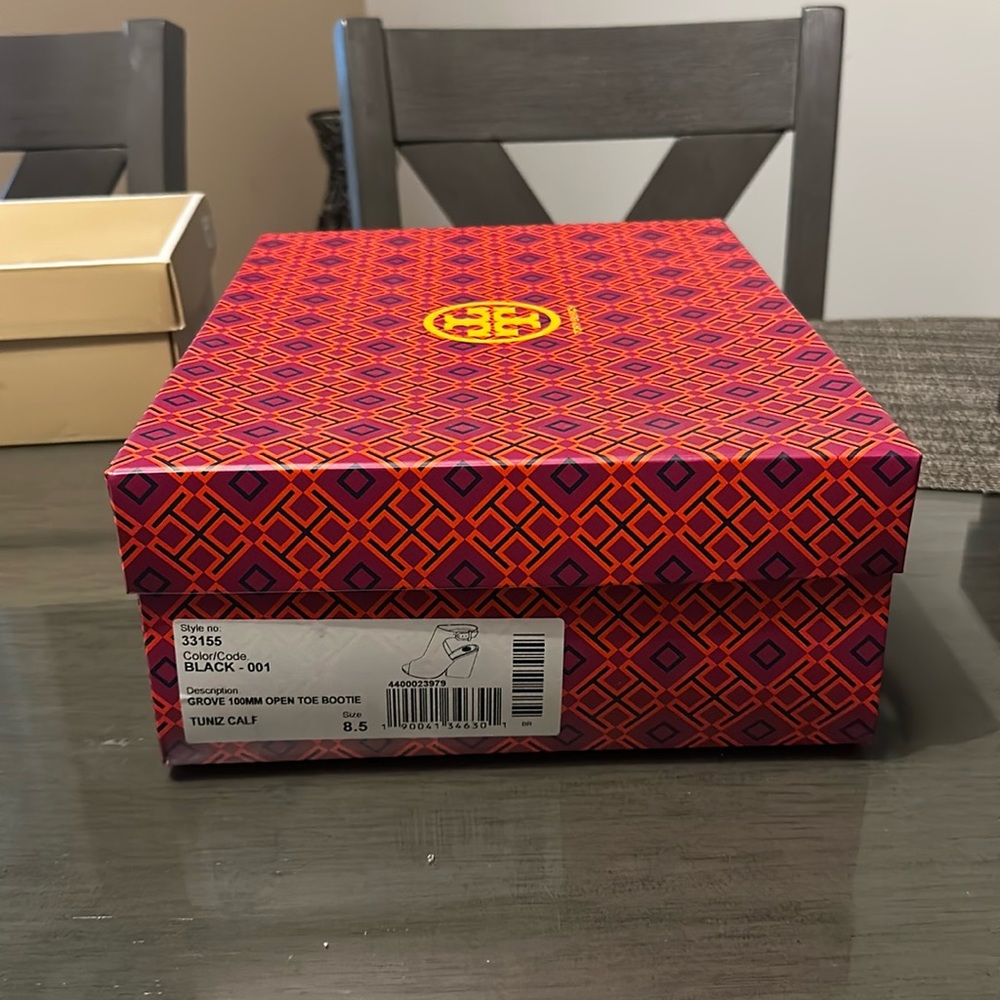 Tory Burch, Groove 100MM Open Toe Bootie, Black, Size 8.5